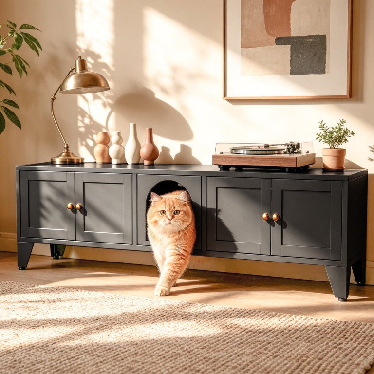 English Elm 58 Inch Metal Cat Litter Enclosure Hidden Washroom TV Stand with Dual Compartments T2398P507516