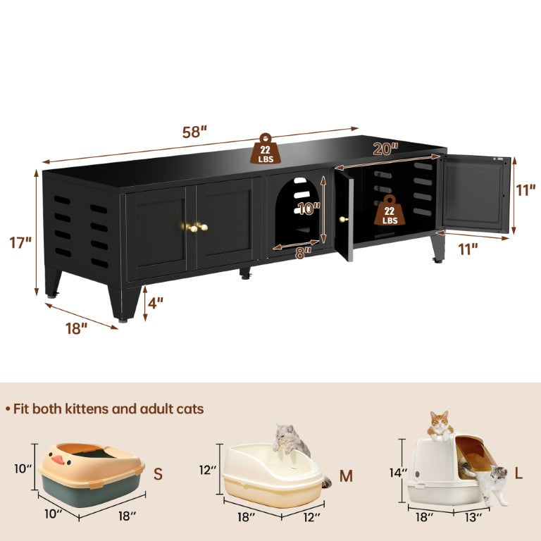 English Elm 58 Inch Metal Cat Litter Enclosure Hidden Washroom TV Stand with Dual Compartments T2398P507516