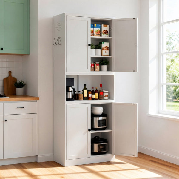 English Elm 72 Inch Tall Steel Pantry Cabinet with Countertop Adjustable Shelves Drawer and Hooks T2398P507517