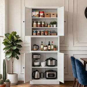 English Elm 72 Inch Tall Steel Pantry Cabinet with Countertop Adjustable Shelves Drawer and Hooks T2398P507517