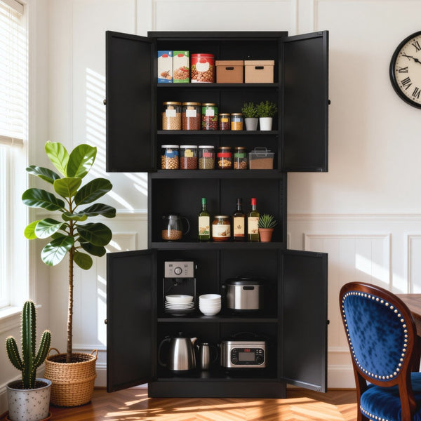 English Elm 72 Inch Steel Pantry Cabinet Matte Black Powder Coat Adjustable Shelves Modern Kitchen T2398P507518