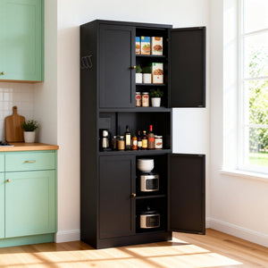 English Elm 72 Inch Steel Pantry Cabinet Matte Black Powder Coat Adjustable Shelves Modern Kitchen T2398P507518