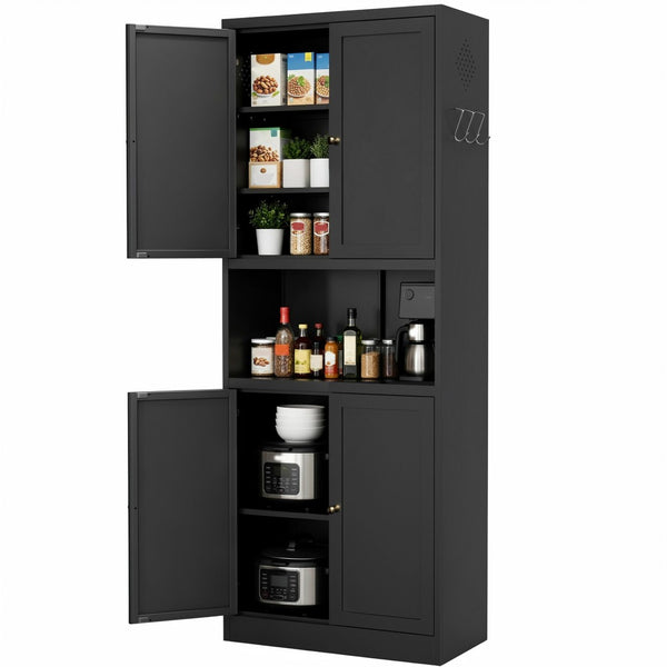 English Elm 72 Inch Steel Pantry Cabinet Matte Black Powder Coat Adjustable Shelves Modern Kitchen T2398P507518