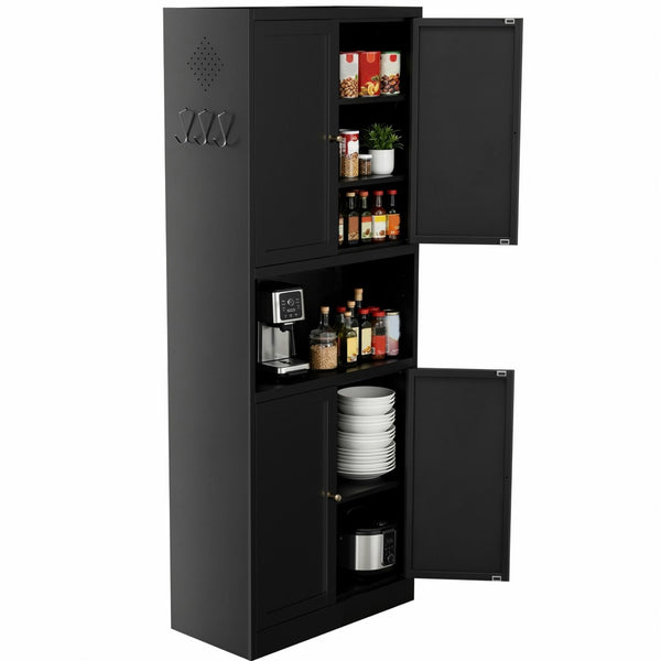 English Elm 72 Inch Steel Pantry Cabinet Matte Black Powder Coat Adjustable Shelves Modern Kitchen T2398P507518