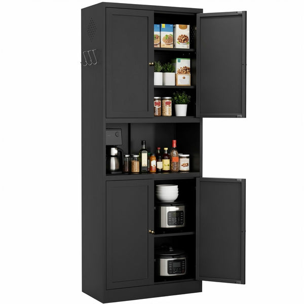 English Elm 72 Inch Steel Pantry Cabinet Matte Black Powder Coat Adjustable Shelves Modern Kitchen T2398P507518