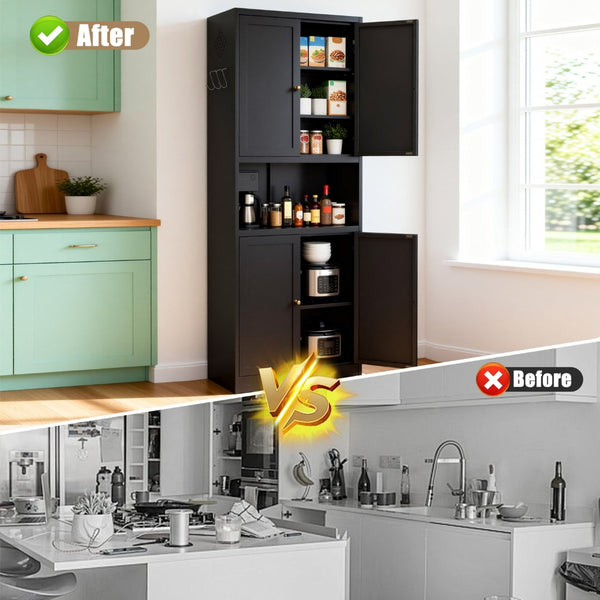 English Elm 72 Inch Steel Pantry Cabinet Matte Black Powder Coat Adjustable Shelves Modern Kitchen T2398P507518