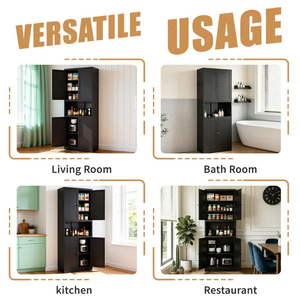English Elm 72 Inch Steel Pantry Cabinet Matte Black Powder Coat Adjustable Shelves Modern Kitchen T2398P507518