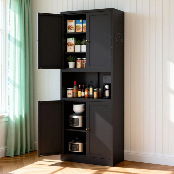 English Elm 72 Inch Steel Pantry Cabinet Matte Black Powder Coat Adjustable Shelves Modern Kitchen T2398P507518