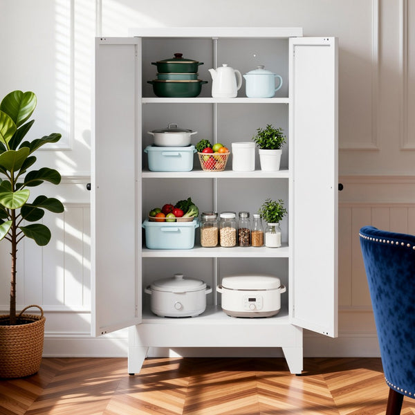 English Elm 47.3 Inch Slim White Metal Pantry Cabinet Farmhouse Steel Organizer with Adjustable Shelves T2398P507519