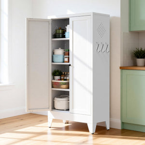 English Elm 47.3 Inch Slim White Metal Pantry Cabinet Farmhouse Steel Organizer with Adjustable Shelves T2398P507519