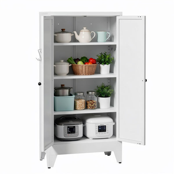 English Elm 47.3 Inch Slim White Metal Pantry Cabinet Farmhouse Steel Organizer with Adjustable Shelves T2398P507519