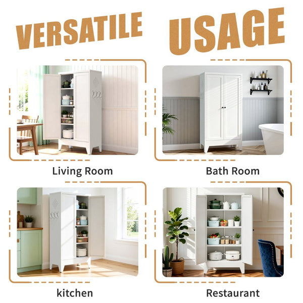 English Elm 47.3 Inch Slim White Metal Pantry Cabinet Farmhouse Steel Organizer with Adjustable Shelves T2398P507519