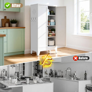 English Elm 47.3 Inch Slim White Metal Pantry Cabinet Farmhouse Steel Organizer with Adjustable Shelves T2398P507519
