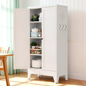 English Elm 47.3 Inch Slim White Metal Pantry Cabinet Farmhouse Steel Organizer with Adjustable Shelves T2398P507519