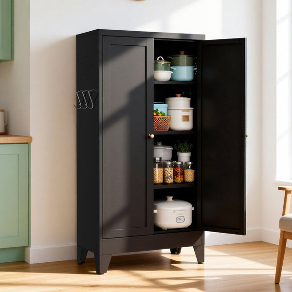 English Elm 47.3 Inch Matte Black Steel Pantry Cabinet Fluted Doors Adjustable Shelves Kitchen Storage T2398P507520