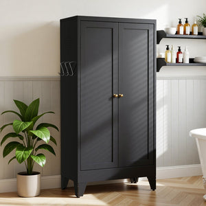 English Elm 47.3 Inch Matte Black Steel Pantry Cabinet Fluted Doors Adjustable Shelves Kitchen Storage T2398P507520