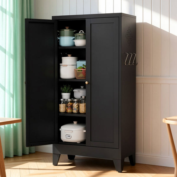 English Elm 47.3 Inch Matte Black Steel Pantry Cabinet Fluted Doors Adjustable Shelves Kitchen Storage T2398P507520