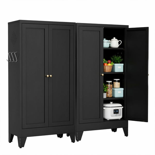 English Elm 47.3 Inch Matte Black Steel Pantry Cabinet Fluted Doors Adjustable Shelves Kitchen Storage T2398P507520