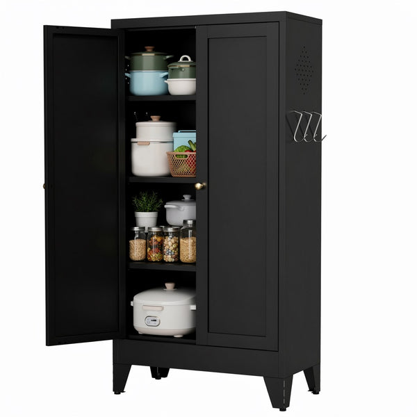 English Elm 47.3 Inch Matte Black Steel Pantry Cabinet Fluted Doors Adjustable Shelves Kitchen Storage T2398P507520