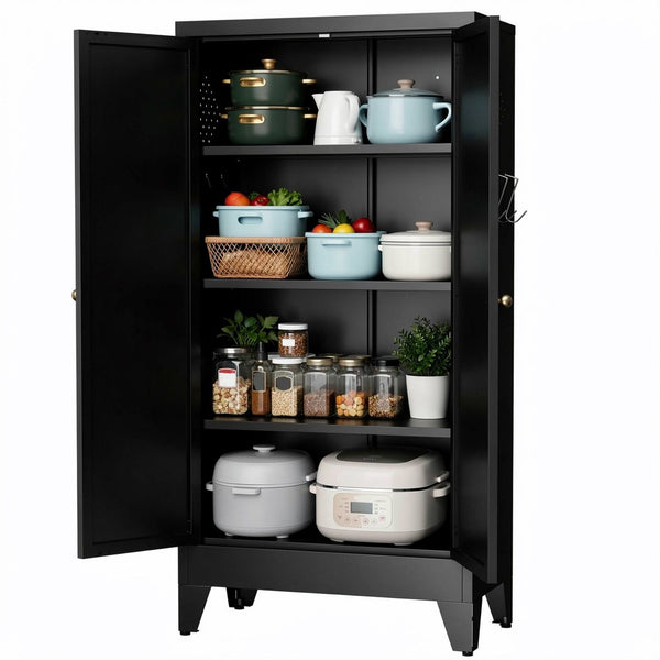 English Elm 47.3 Inch Matte Black Steel Pantry Cabinet Fluted Doors Adjustable Shelves Kitchen Storage T2398P507520