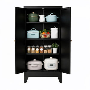 English Elm 47.3 Inch Matte Black Steel Pantry Cabinet Fluted Doors Adjustable Shelves Kitchen Storage T2398P507520