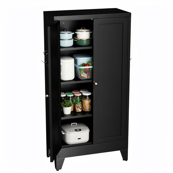 English Elm 47.3 Inch Matte Black Steel Pantry Cabinet Fluted Doors Adjustable Shelves Kitchen Storage T2398P507520