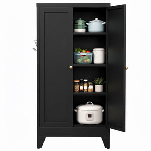 English Elm 47.3 Inch Matte Black Steel Pantry Cabinet Fluted Doors Adjustable Shelves Kitchen Storage T2398P507520