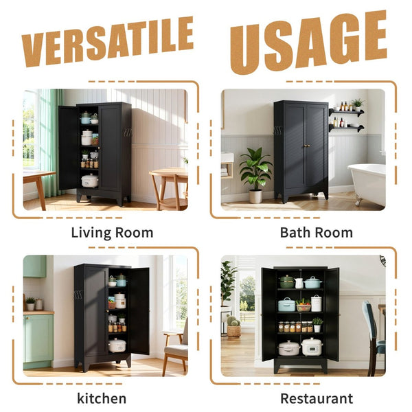 English Elm 47.3 Inch Matte Black Steel Pantry Cabinet Fluted Doors Adjustable Shelves Kitchen Storage T2398P507520