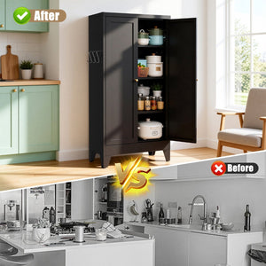 English Elm 47.3 Inch Matte Black Steel Pantry Cabinet Fluted Doors Adjustable Shelves Kitchen Storage T2398P507520