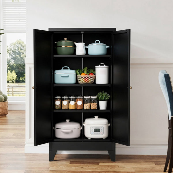 English Elm 47.3 Inch Matte Black Steel Pantry Cabinet Fluted Doors Adjustable Shelves Kitchen Storage T2398P507520