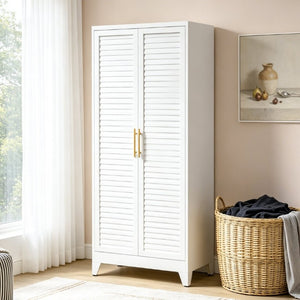 English Elm 71 Inch Steel Wardrobe Cabinet Louvered Doors Moisture Resistant Freestanding Bedroom Storage T2398P507521