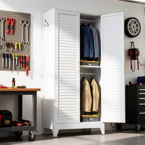 English Elm 71 Inch Steel Wardrobe Cabinet Louvered Doors Moisture Resistant Freestanding Bedroom Storage T2398P507521