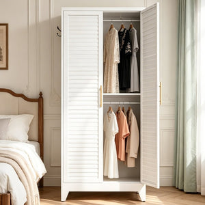 English Elm 71 Inch Steel Wardrobe Cabinet Louvered Doors Moisture Resistant Freestanding Bedroom Storage T2398P507521