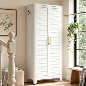 English Elm 71 Inch Steel Wardrobe Cabinet Louvered Doors Moisture Resistant Freestanding Bedroom Storage T2398P507521