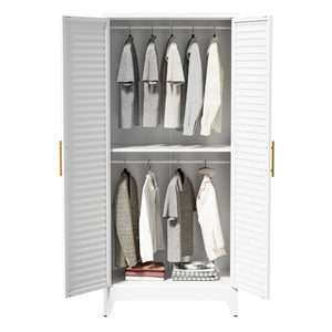 English Elm 71 Inch Steel Wardrobe Cabinet Louvered Doors Moisture Resistant Freestanding Bedroom Storage T2398P507521