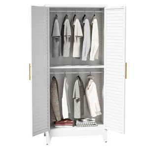 English Elm 71 Inch Steel Wardrobe Cabinet Louvered Doors Moisture Resistant Freestanding Bedroom Storage T2398P507521