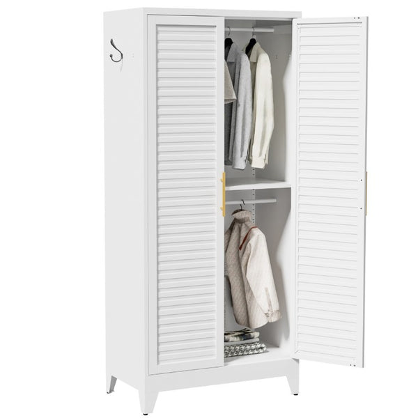 English Elm 71 Inch Steel Wardrobe Cabinet Louvered Doors Moisture Resistant Freestanding Bedroom Storage T2398P507521