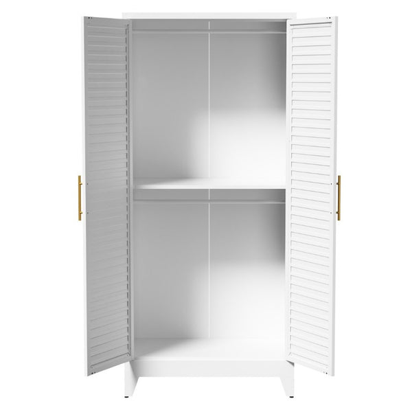 English Elm 71 Inch Steel Wardrobe Cabinet Louvered Doors Moisture Resistant Freestanding Bedroom Storage T2398P507521
