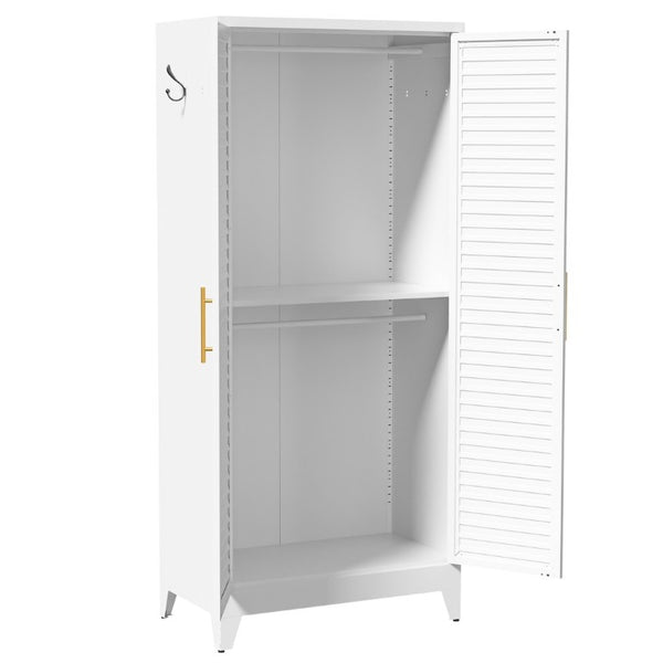 English Elm 71 Inch Steel Wardrobe Cabinet Louvered Doors Moisture Resistant Freestanding Bedroom Storage T2398P507521