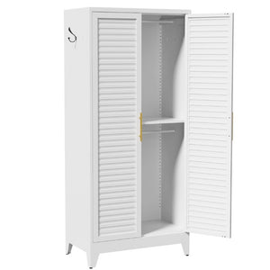 English Elm 71 Inch Steel Wardrobe Cabinet Louvered Doors Moisture Resistant Freestanding Bedroom Storage T2398P507521