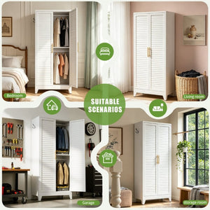 English Elm 71 Inch Steel Wardrobe Cabinet Louvered Doors Moisture Resistant Freestanding Bedroom Storage T2398P507521