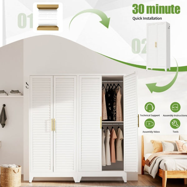 English Elm 71 Inch Steel Wardrobe Cabinet Louvered Doors Moisture Resistant Freestanding Bedroom Storage T2398P507521