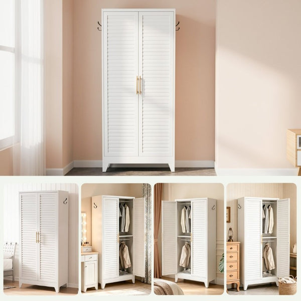English Elm 71 Inch Steel Wardrobe Cabinet Louvered Doors Moisture Resistant Freestanding Bedroom Storage T2398P507521