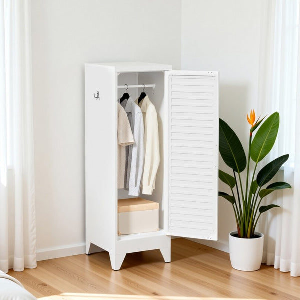English Elm 47.2 Inch Slim Steel Wardrobe with Louvered Door Hanging Rail for Dorm or Apartment T2398P507522
