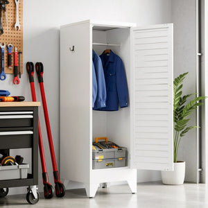 English Elm 47.2 Inch Slim Steel Wardrobe with Louvered Door Hanging Rail for Dorm or Apartment T2398P507522