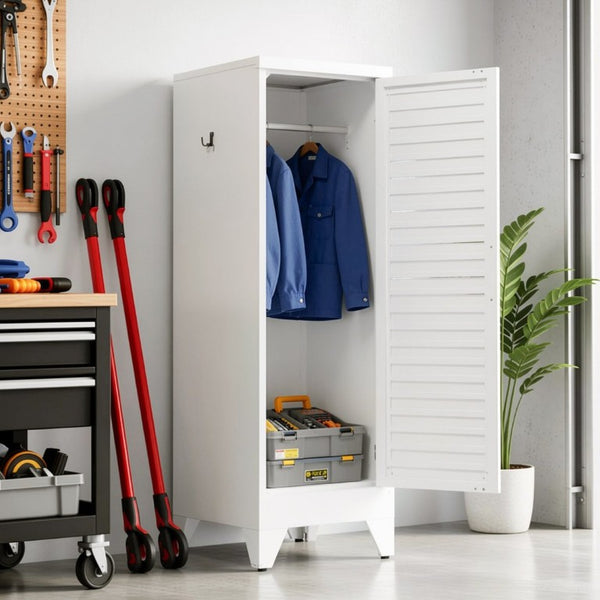 English Elm 47.2 Inch Slim Steel Wardrobe with Louvered Door Hanging Rail for Dorm or Apartment T2398P507522