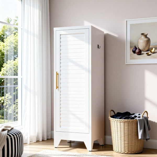 English Elm 47.2 Inch Slim Steel Wardrobe with Louvered Door Hanging Rail for Dorm or Apartment T2398P507522