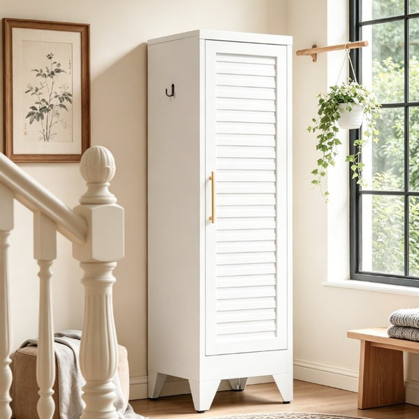 English Elm 47.2 Inch Slim Steel Wardrobe with Louvered Door Hanging Rail for Dorm or Apartment T2398P507522