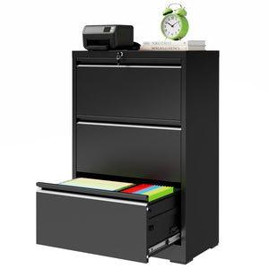English Elm 3 Drawer Lateral Steel File Cabinet with Lock Smooth Ball Bearing Home Office Storage Black T2398P507523