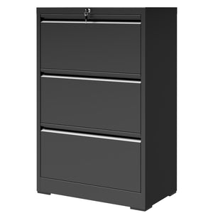 English Elm 3 Drawer Lateral Steel File Cabinet with Lock Smooth Ball Bearing Home Office Storage Black T2398P507523